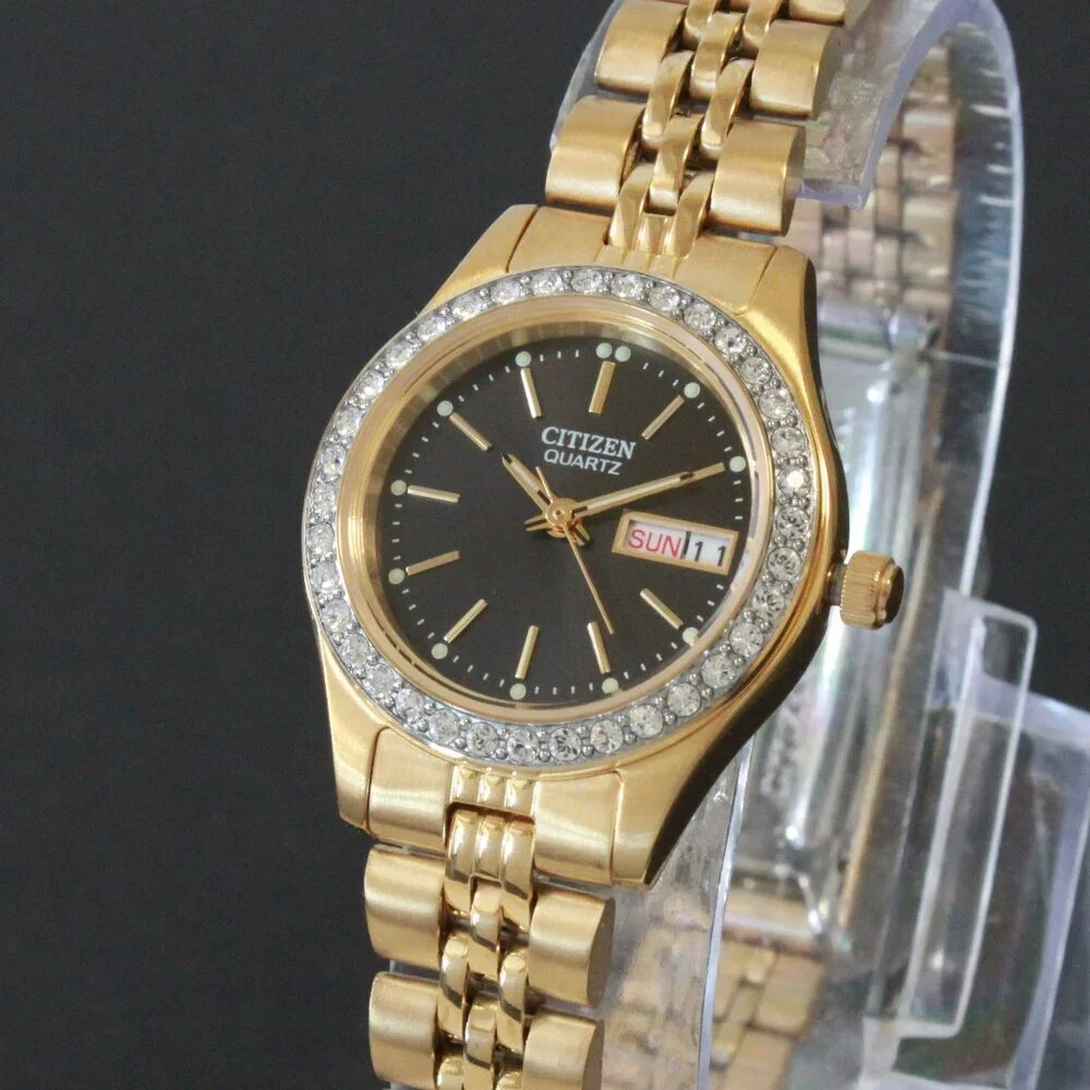 Citizen Ladies Classic Quartz Watch Crystal Bezel Gold Toone Black Dial 26mm - Picture 7 of 13